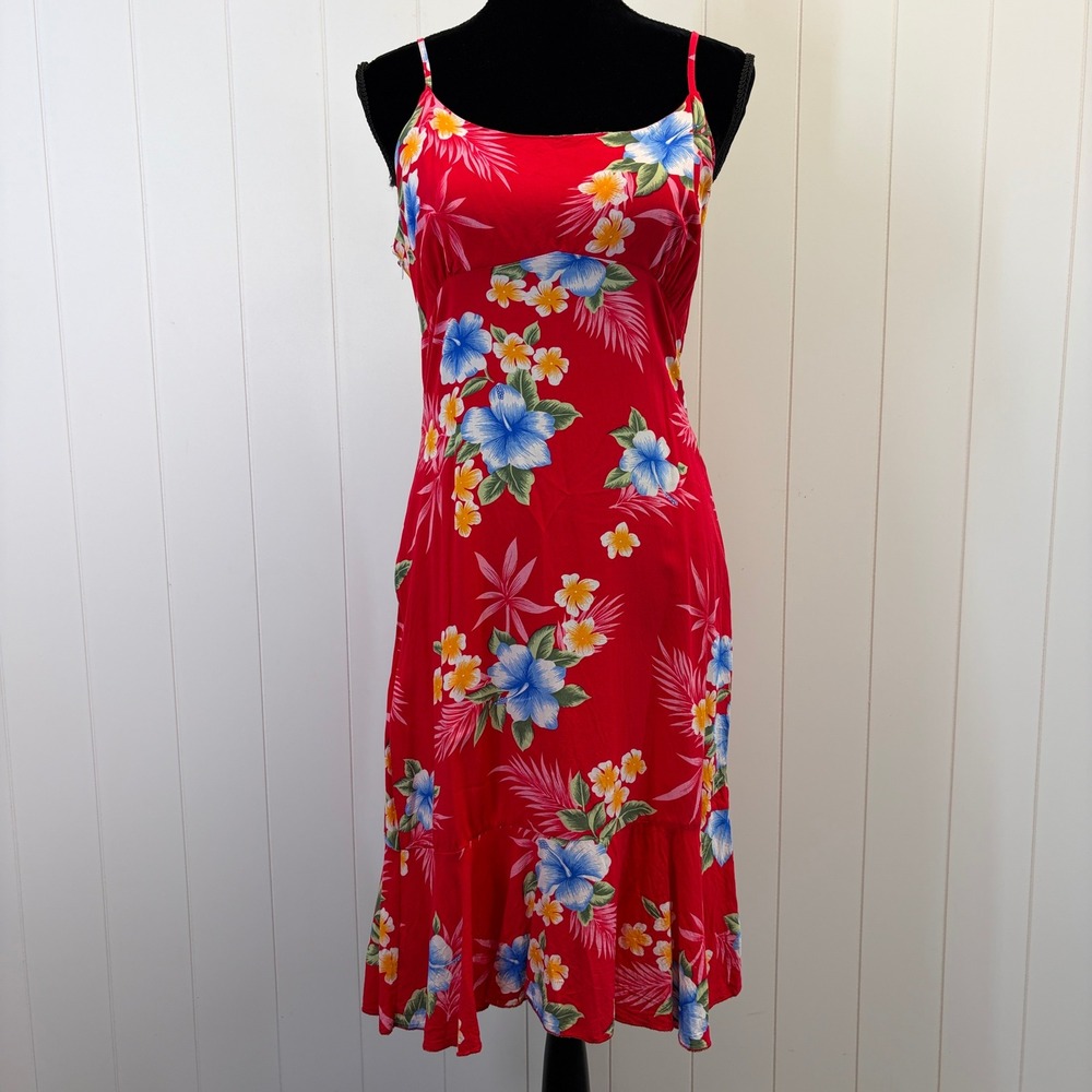 Hawaii Hangover Tropical Floral Midi Dress Women Size M Red Hibiscus Vacation